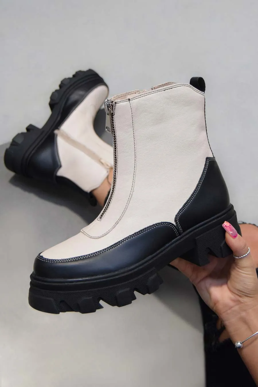 KAYA Zip Front Ankle Boots - Beige PU